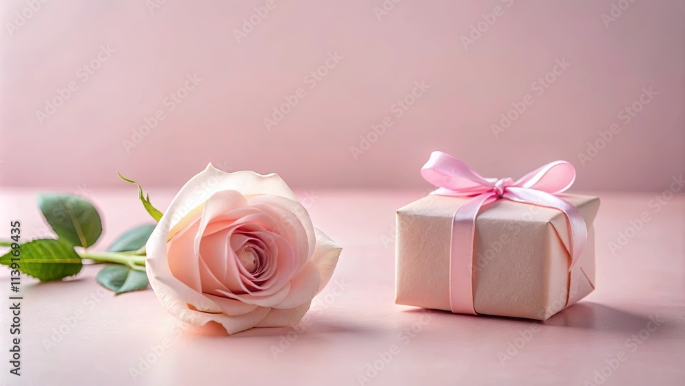 A delicate pink rose and a small gift box tied with a ribbon, signifying romance and thoughtful gestures. A delicate pink rose and a small gift box tied with a ribbon, signifying romance and thoughtful gestures.