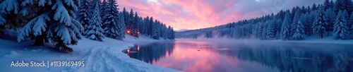 Snowy forest at dusk with frozen lake and twinkling lights, peaceful atmosphere, snowy scene