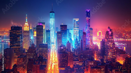 Vibrant colorful city skyline at night with dazzling lights illuminating the urban landscape creating a dynamic and captivating atmosphere symbolizing energy modernity and endless possibilities