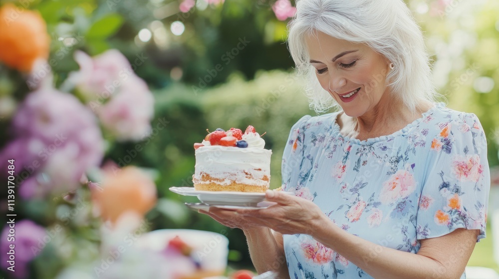 Woman Enjoying Cake in Garden Surrounded by Flowers and Natural Beauty Woman Enjoying Cake in Garden Surrounded by Flowers and Natural Beauty
