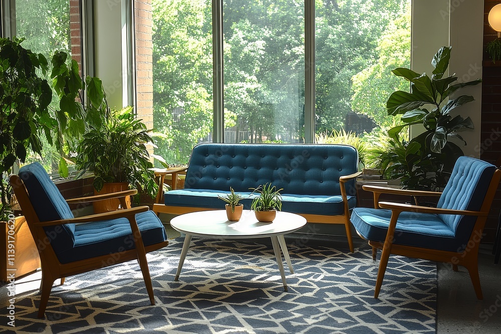Fototapeta premium Cozy urban apartment living room with mid-century modern furniture, blue sofa, white-legged chairs, geometric rug patterns, large windows, and indoor plants.