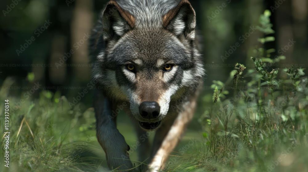 Obraz premium Gray wolf walking towards camera in forest.