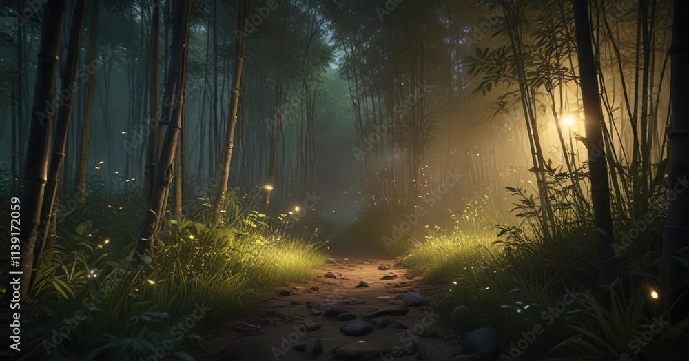 The forest floor is bathed in soft, ethereal light as fireflies dance among the bamboo stalks, natural scenery, bioluminescence The forest floor is bathed in soft, ethereal light as fireflies dance among the bamboo stalks, natural scenery, bioluminescence