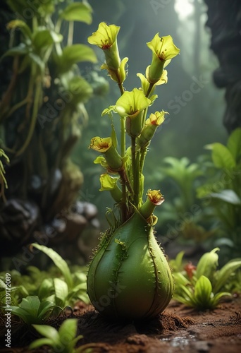 Green carnivorous pitcher plant in a natural habitat , green leaves, blooming flowers, plant species photo