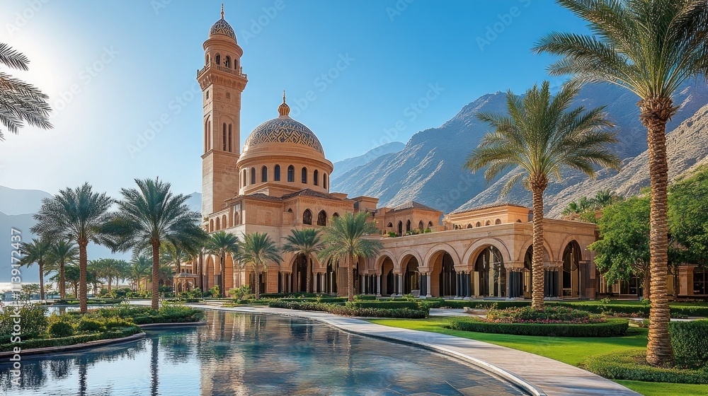 Naklejka premium A stunning architectural structure set against a mountainous backdrop with palm trees and water features.