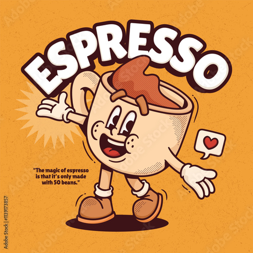Coffee Cup Trendy Retro Cartoon Vector Hand Drawn 