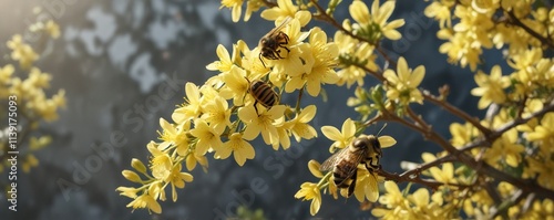 A bee carrying a load of honey from a winter jasmine flower , carry, insect life photo