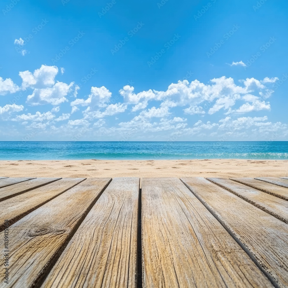 Tranquil Ocean View with Wooden Deck Under Bright Blue Sky Tranquil Ocean View with Wooden Deck Under Bright Blue Sky