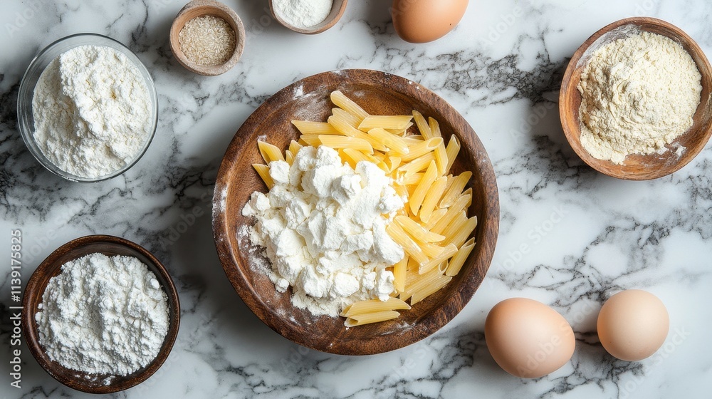 Wooden bowl of penne pasta with flour and eggs. Shows ingredients for homemade pasta recipe. Wooden bowl of penne pasta with flour and eggs. Shows ingredients for homemade pasta recipe.