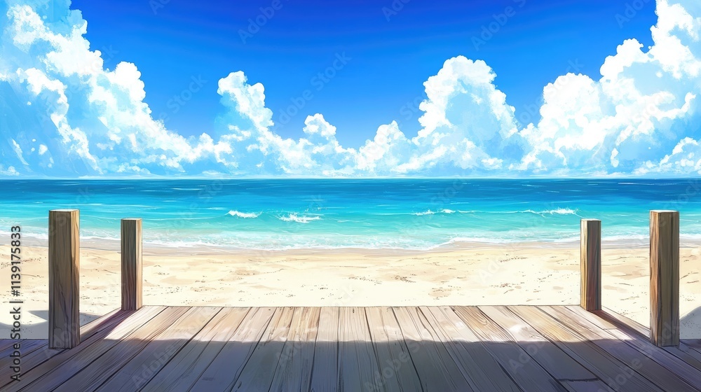 Fototapeta premium Serenity of a Calm Beach with Blue Skies and Soft Clouds