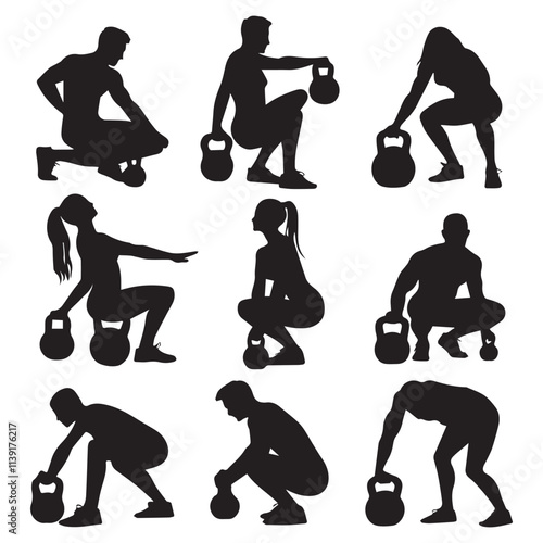 Diverse Fitness Silhouettes Performing Kettlebell Exercises