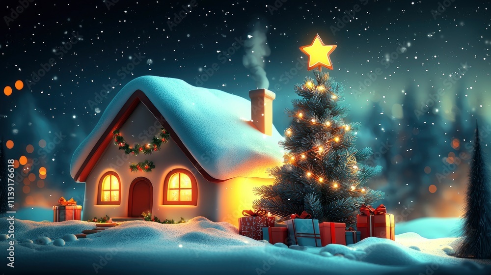 Fototapeta premium Cozy Christmas Cottage Under a Starry Night Sky
