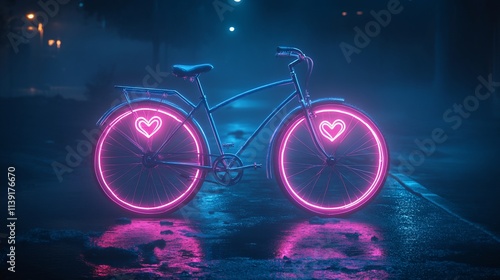Neon pink heart bicycle at night, romantic.