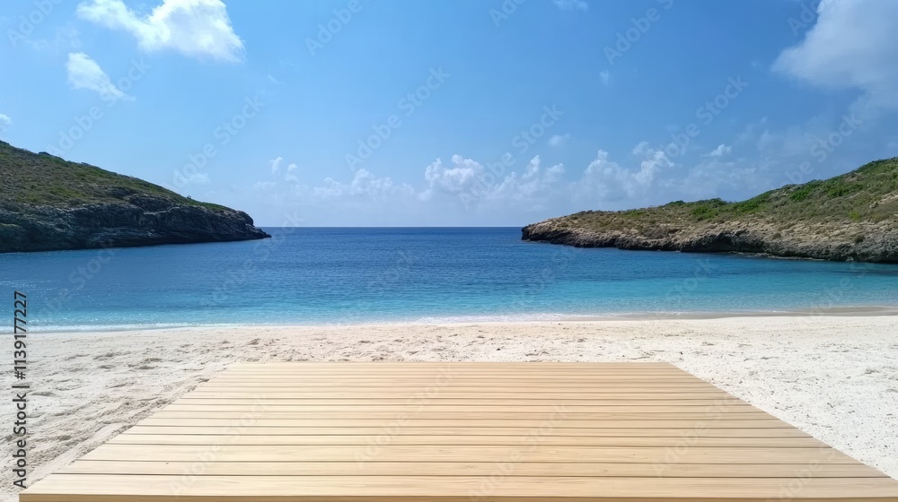 Serene Beachfront View with Wooden Deck and Crystal Clear Water Serene Beachfront View with Wooden Deck and Crystal Clear Water
