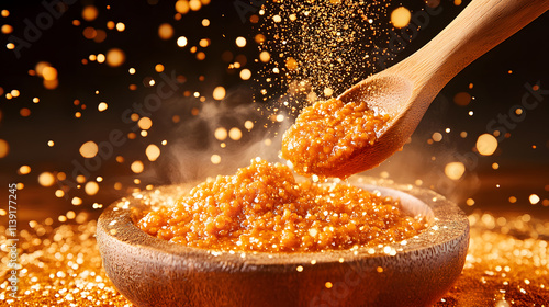 A vibrant image of golden granules being poured from a wooden spoon into a bowl, creating a sparkling and dynamic scene