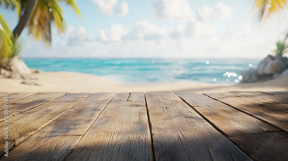 Tranquil Beach Scene with Wooden Deck and Smooth Ocean Waves Tranquil Beach Scene with Wooden Deck and Smooth Ocean Waves