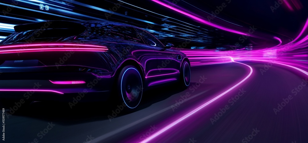 Futuristic car in a neon-lit environment. Futuristic car in a neon-lit environment.
