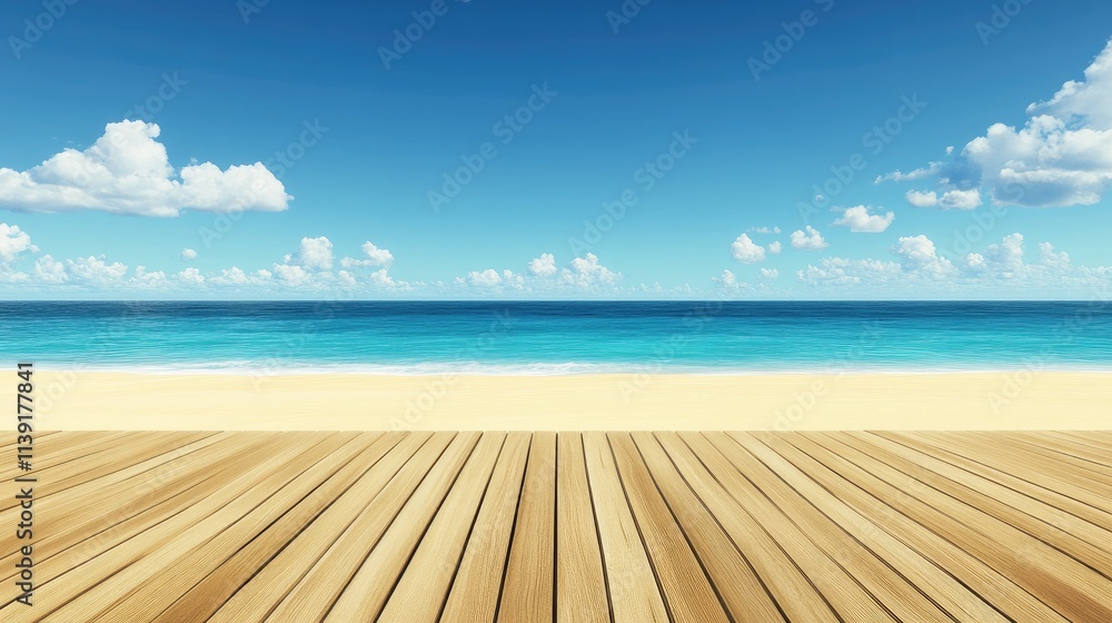 Fototapeta premium Serene Beachfront View with Wooden Deck and Clear Blue Sky