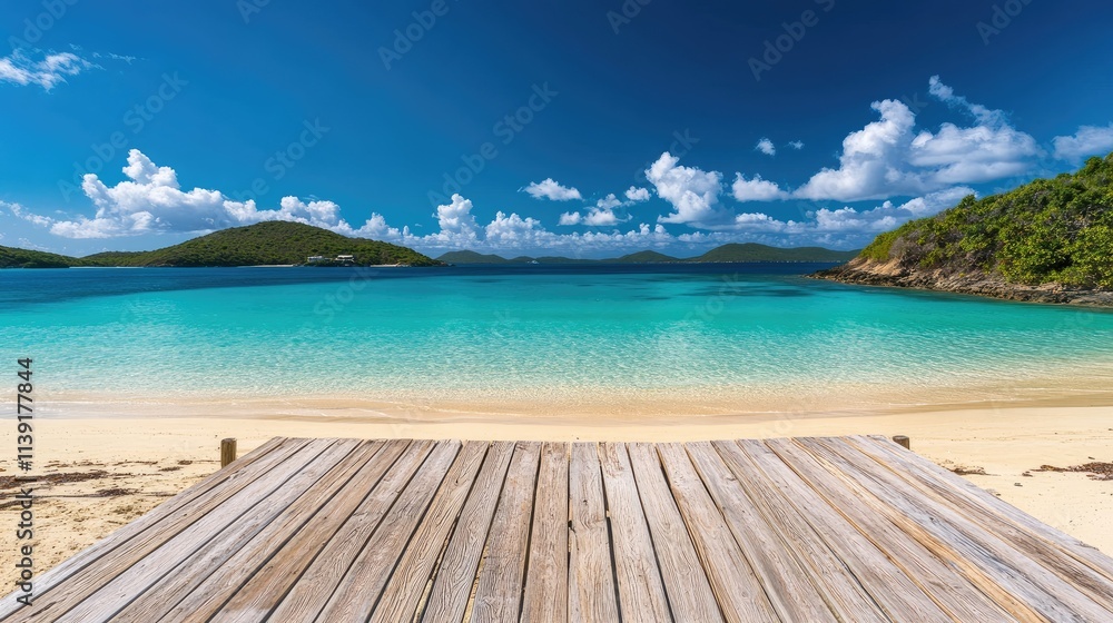 Naklejka premium Serene Beachfront View with Crystal Clear Water and White Sand