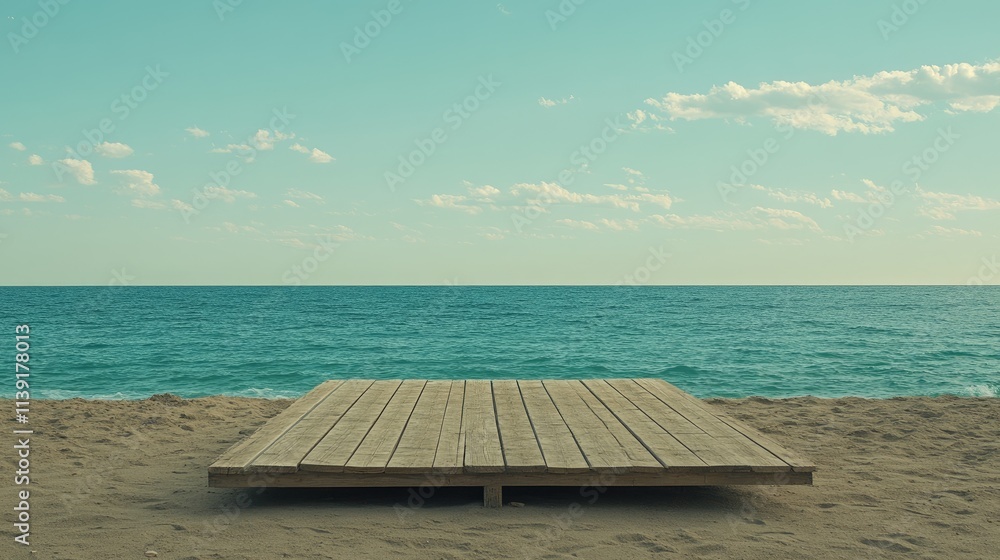 Fototapeta premium Wooden Platform on Sandy Beach with Calm Ocean in Background
