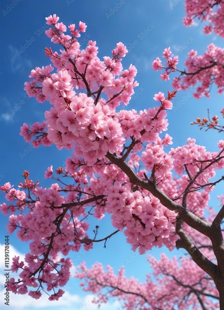 Beautiful pink blossoms tree against a bright blue sky with gentle breeze, blooming, blue sky, outdoor Beautiful pink blossoms tree against a bright blue sky with gentle breeze, blooming, blue sky, outdoor