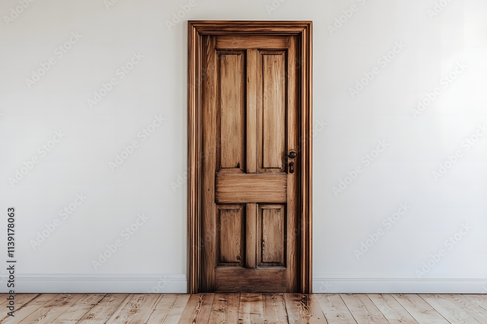 Photo of a modern oak door on a white wall, front view, interior design. Photo of a modern oak door on a white wall, front view, interior design.