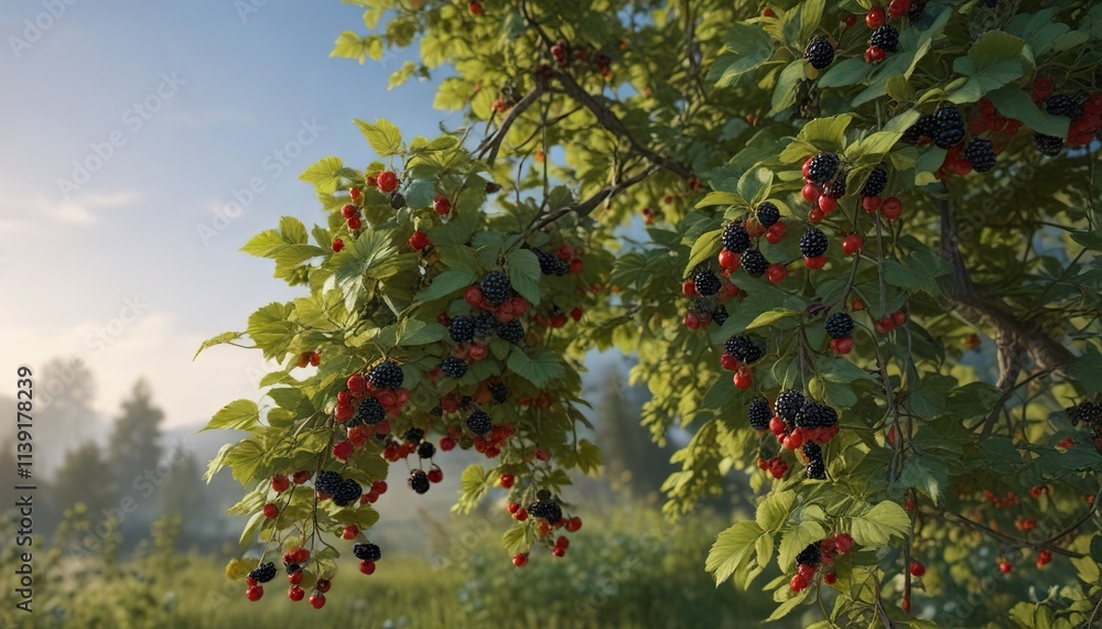 Fototapeta premium Blackberry bush with ripe berries hanging from branches, dense growth, berries, fruit