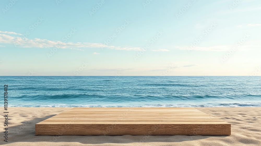 Tranquil Beach Scene with Wooden Platform and Calm Ocean Background Tranquil Beach Scene with Wooden Platform and Calm Ocean Background
