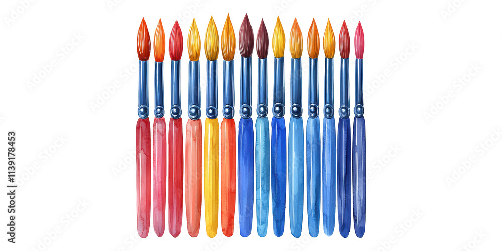 Naklejka premium Row of colorful paintbrushes with multicolored bristles isolated on transparent background