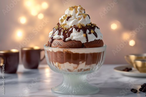 Luxurious mocha mousse ice cream with beautiful decorations.