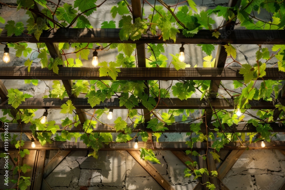 A beautiful arrangement of lush green grapevine leaves climbs a rustic wooden trellis, embodying natural elegance A beautiful arrangement of lush green grapevine leaves climbs a rustic wooden trellis, embodying natural elegance