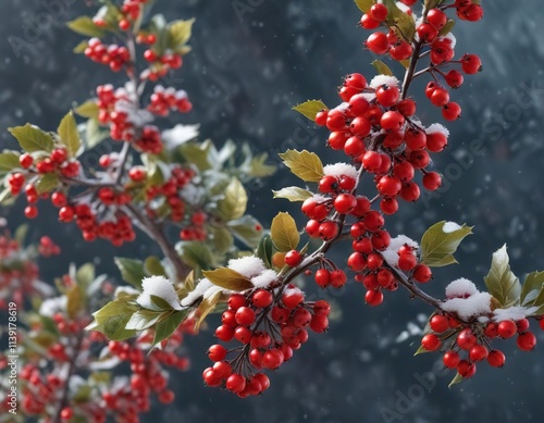 Branch of winterberry holly covered with bright red berries and snowflakes, snowflakes, snow photo