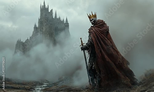 The Grim King's Lonely Reign: A Digital Painting of a Skeletal Monarch