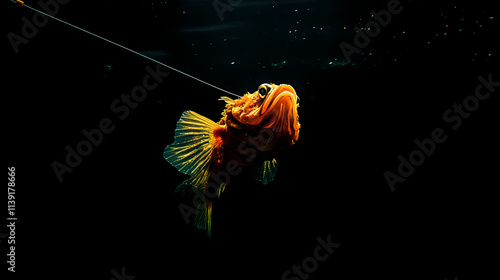 In the dark abyssal ocean, a deep-sea anglerfish hangs motionless, its bioluminescent lure glowing like a beacon on the end of a fishing rod, attracting unsuspecting prey. Fathomless. Illustration