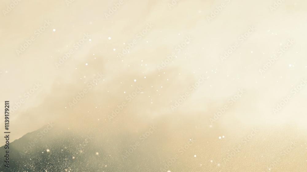 Fototapeta premium Gentle floating particles in a soft misty atmosphere, gradient background of cream and pale yellow tones, subtle glowing specks creating a clean and elegant bokeh effect