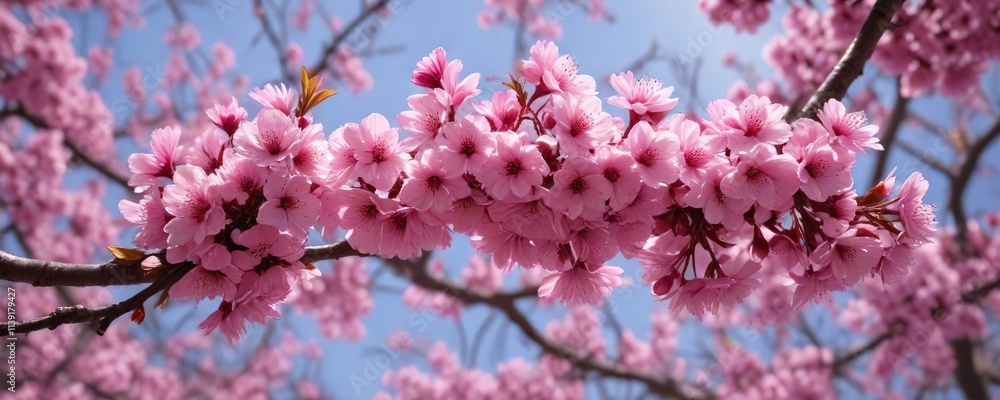 Fototapeta premium Cherry branch covered in vibrant pink blossoms, bright, branches