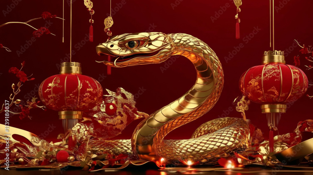 Fototapeta premium Golden snake decoration for Chinese New Year, featuring red lanterns and floral elements, symbolizing prosperity and good fortune