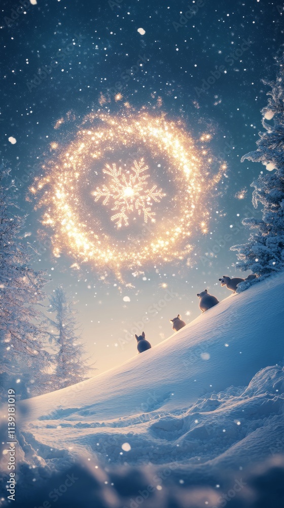 Naklejka premium an artistic illustration of snowflakes forming a glowing spiral above a snowy hill, with small animals peeking out to celebrate Snowflake Appreciation Day,