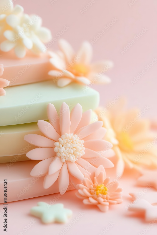 A delicate pastel rainbow cookie platter with edible flowers, set against an airy light backdrop. A delicate pastel rainbow cookie platter with edible flowers, set against an airy light backdrop.