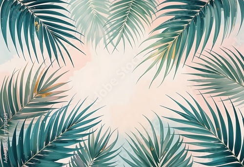 Abstract palm leaves in pastel tones with a hint of gold