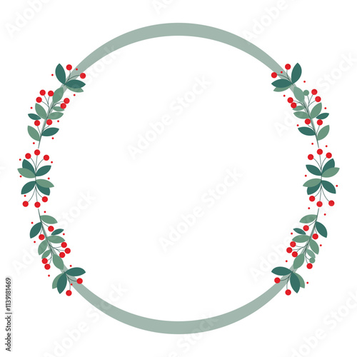 Circle Frame With Red Cherry Berries And Green Leaves