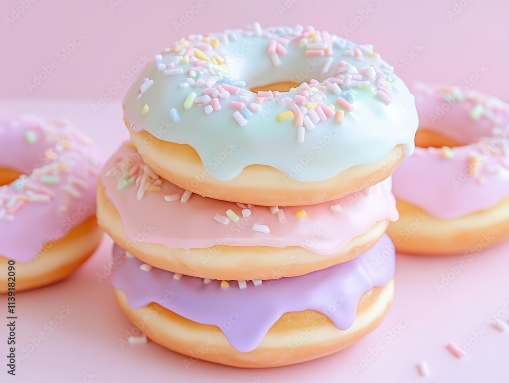A delicious pastel rainbow donut stack with glossy icing, clean light background. A delicious pastel rainbow donut stack with glossy icing, clean light background.