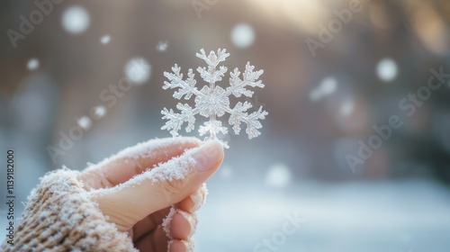 a whimsical snowfall captured mid-air, with snowflakes glistening against a blurred winter background to celebrate Snowflake Appreciation Day,