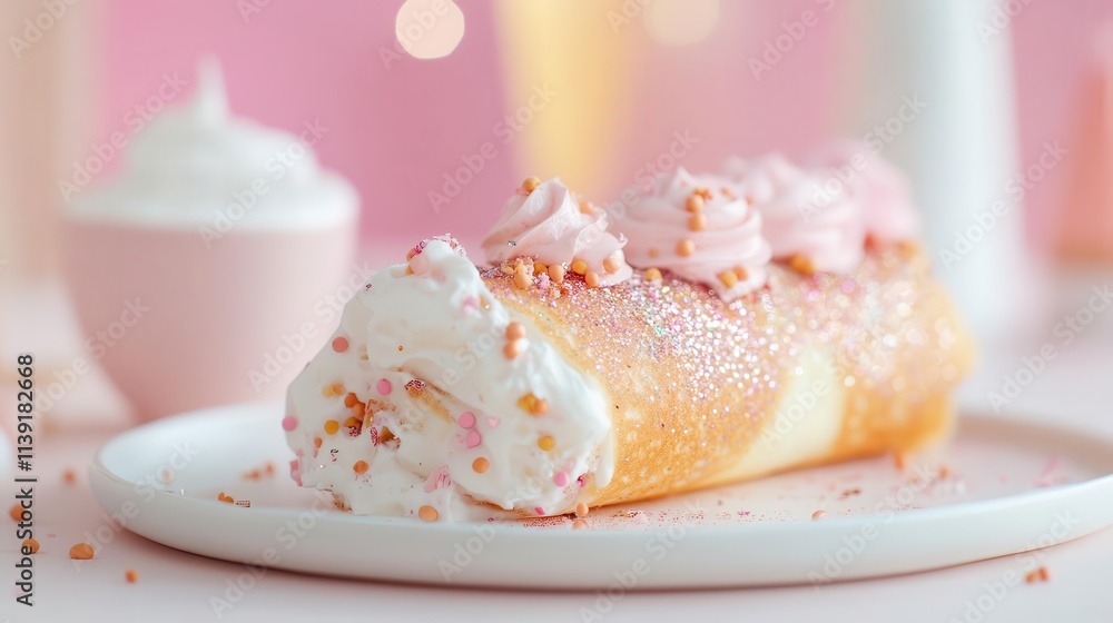 A glittery pastel crepe roll with unique fillings, cozy cafรฉ ambiance. A glittery pastel crepe roll with unique fillings, cozy cafรฉ ambiance.