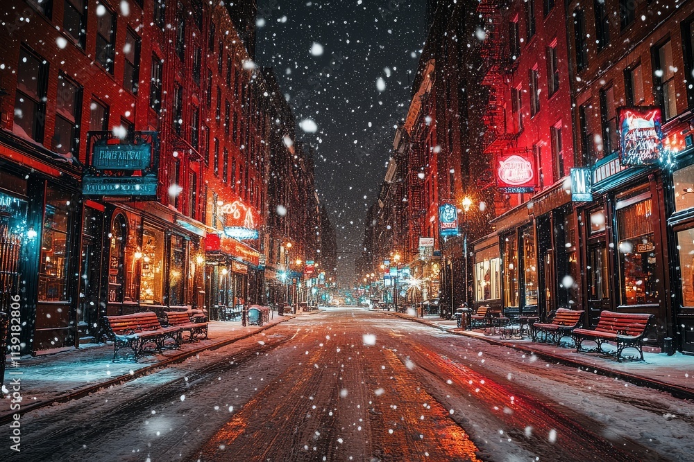 Empty city street at night with heavy snowfall, red brick buildings on both sides, benches and streetlights, captured from a low-angle wide shot with cinematic, volumetric lighting. Empty city street at night with heavy snowfall, red brick buildings on both sides, benches and streetlights, captured from a low-angle wide shot with cinematic, volumetric lighting.
