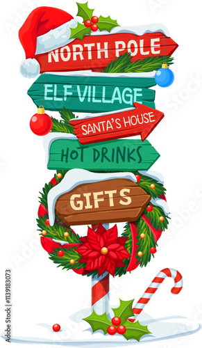 Xmas North Pole sign board or wooden Christmas signage for winter holiday, cartoon vector. Christmas signboard or signpost with arrow direction to Santa house, elf village or gifts shop and hot drinks