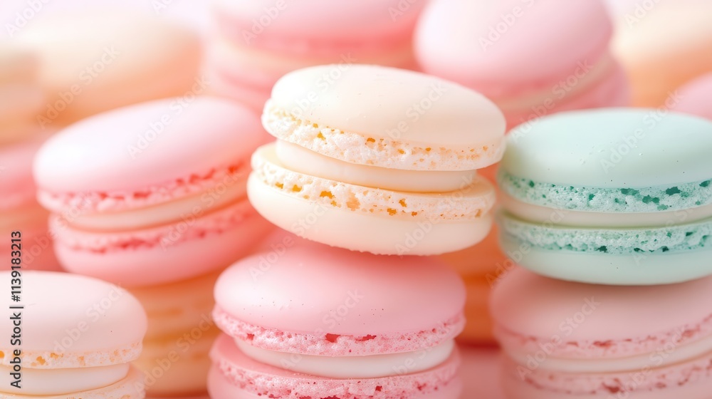 A stack of pastel macarons with a subtle glossy effect, vibrant and clean background. A stack of pastel macarons with a subtle glossy effect, vibrant and clean background.