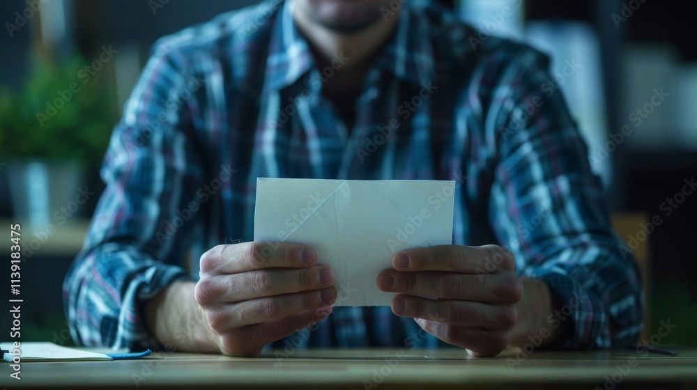 Distressed man sitting at desk holding letter symbolizing layoff notice, reflecting emotional response to job loss in professional office setting. Distressed man sitting at desk holding letter symbolizing layoff notice, reflecting emotional response to job loss in professional office setting.