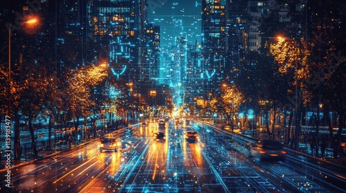 Wallpaper Mural A smart city street filled with self-driving electric vehicles, each displaying real-time navigation holograms and sensors communicating with smart traffic lights for seamless coordination  Torontodigital.ca