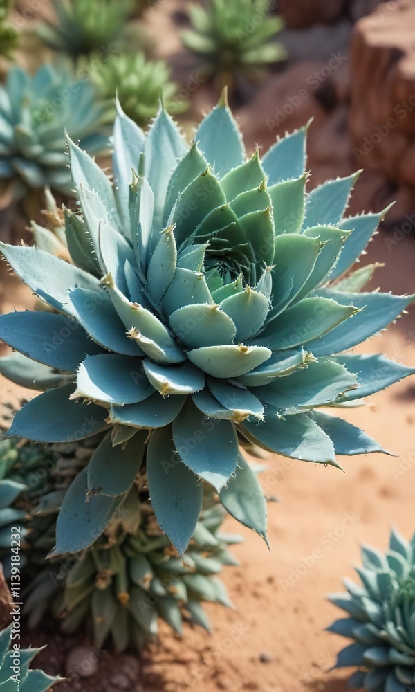 Fototapeta premium Desert succulent with thorny stems and powdery blue-green leaves, Blue Green Leaves, Prickly Plants